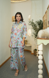Powder Blue Floral Printed Women Coord Set With Pocket